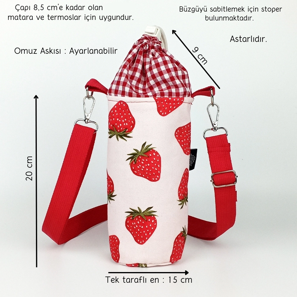 Woodycord%20El%20Yapımı%20Çilek%20Desenli%20Büzgülü%20Termos%20ve%20Matara%20Kılıfı