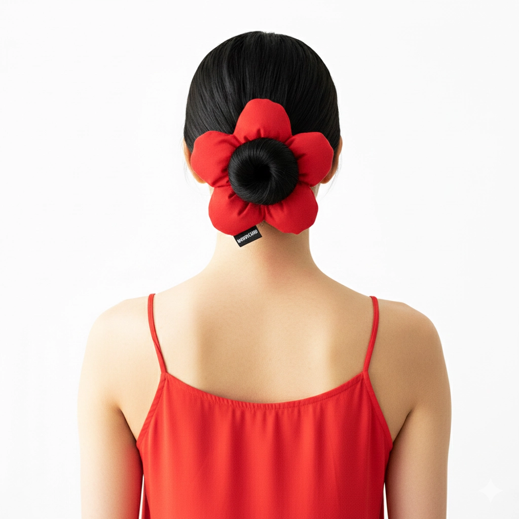 Woodycord%20El%20Yapımı%20Kırmızı%20Pofuduk%20Scrunchie%20Topuz%20Tokası