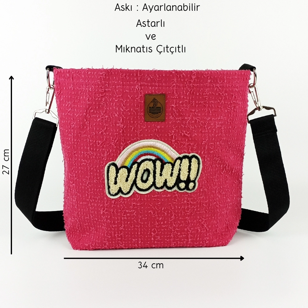 Woodycord%20El%20Yapımı%20WOW%20Gökkuşağı%20Kırpık%20Kot%20Omuz%20Çantası