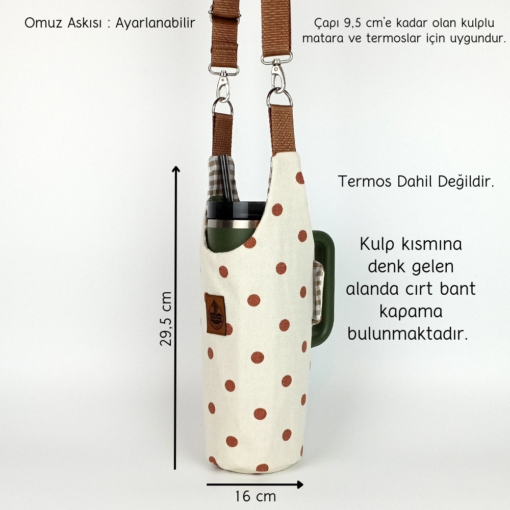 Woodycord%20El%20Yapımı%20Krem%20Gabardin%20Puantiyeli Termos%20Kılıfı%20Kulplu%20Model%20Quencher%20Pipetli%201,18