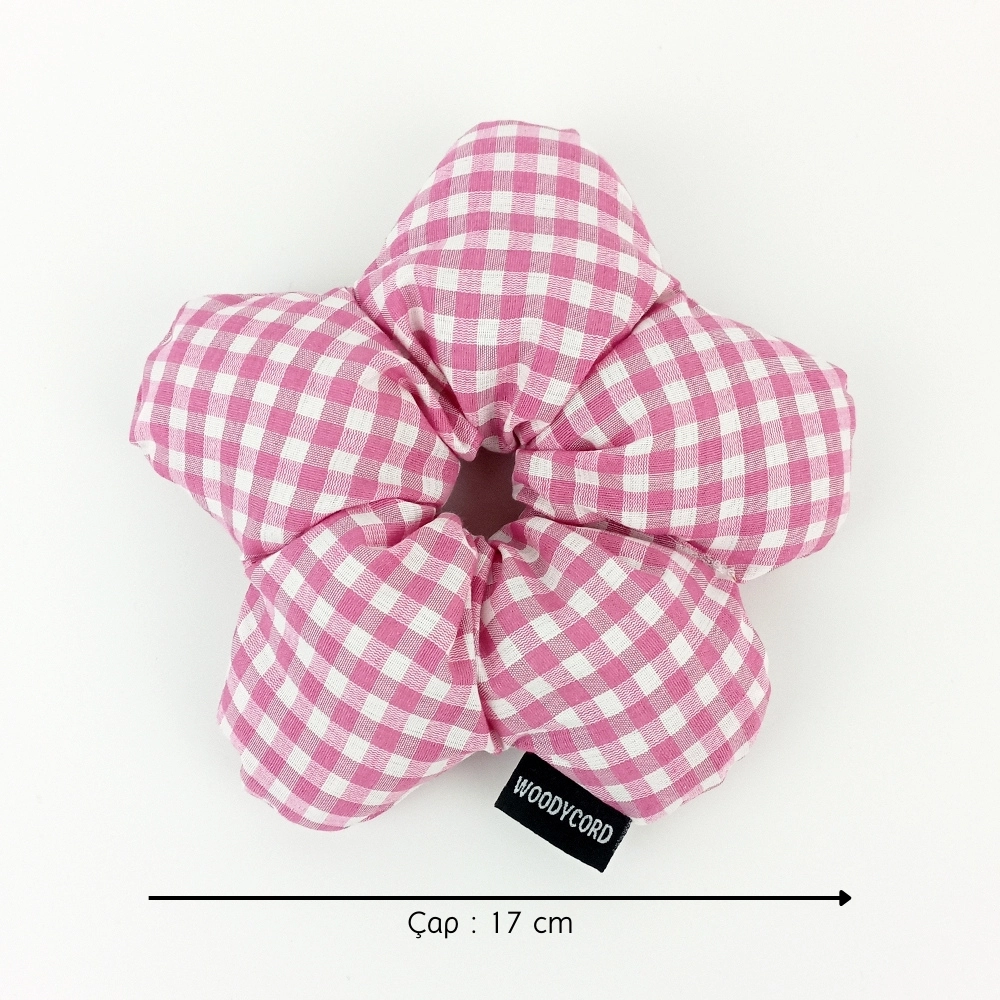 WoodyCord%20El%20Yapımı%20Pembe%20Beyaz%20Pötikareli%20Çiçek%20Scrunchie%20Topuz%20Tokası