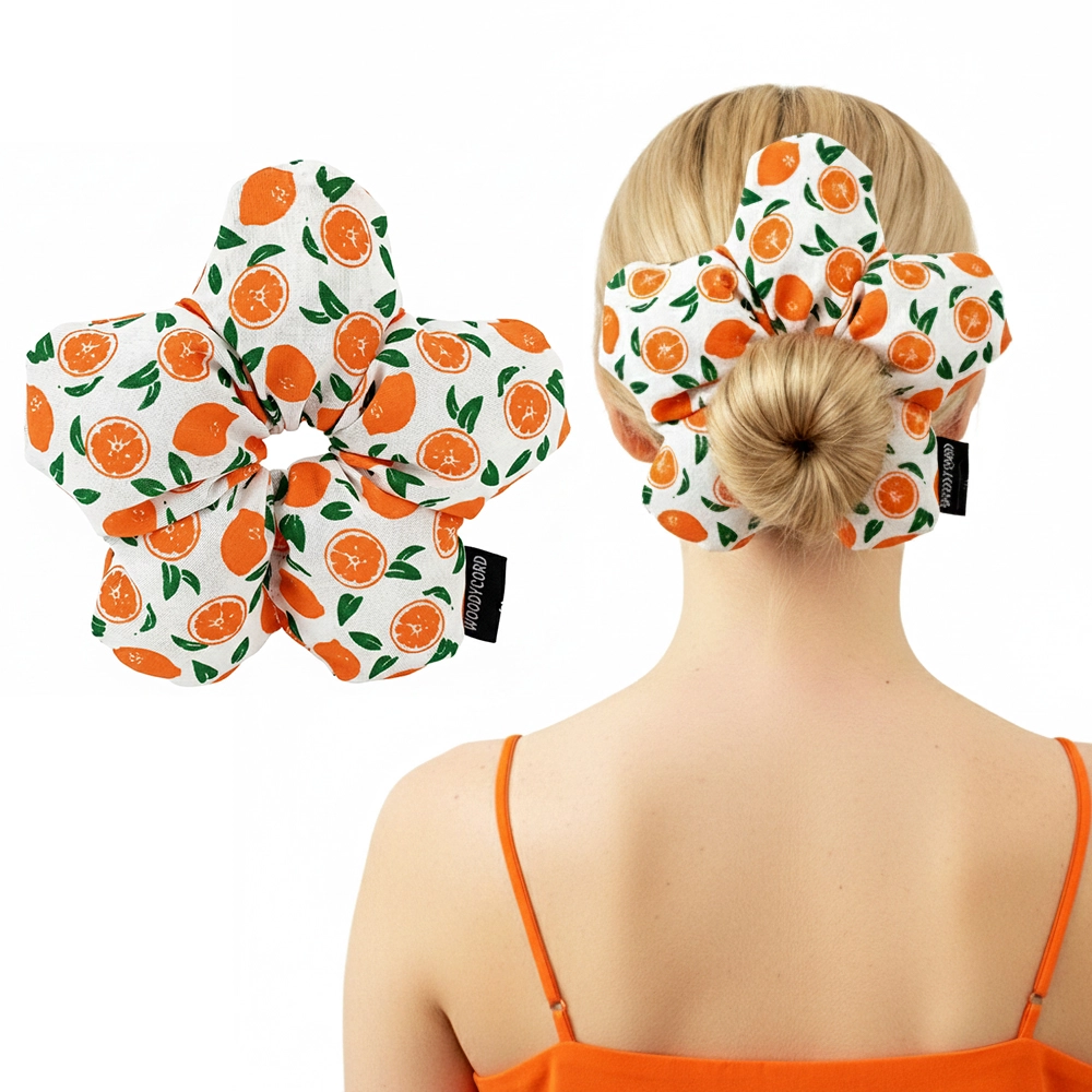 WoodyCord%20El%20Yapımı%20Portakal%20Desenli%20Beyaz%20Çiçek%20Scrunchie%20Topuz%20Tokası