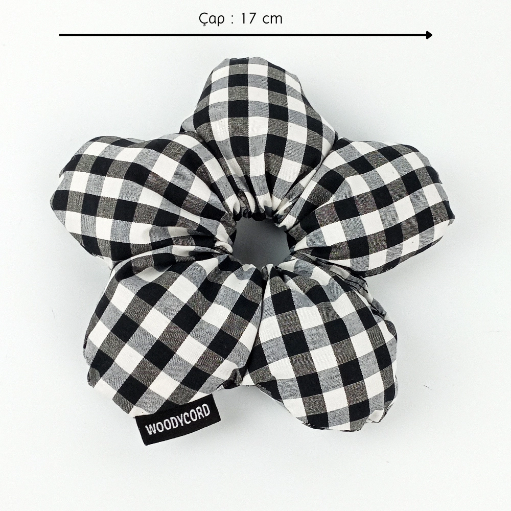 Woodycord%20El%20Yapımı%20Pötikare%20Desenli%20Scrunchies%20Toka%20-%20Siyah%20Beyaz
