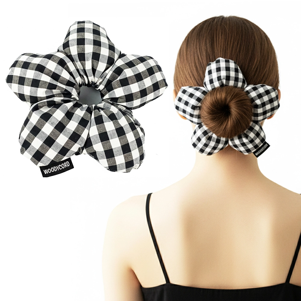 Woodycord%20El%20Yapımı%20Pötikare%20Desenli%20Scrunchies%20Toka%20-%20Siyah%20Beyaz