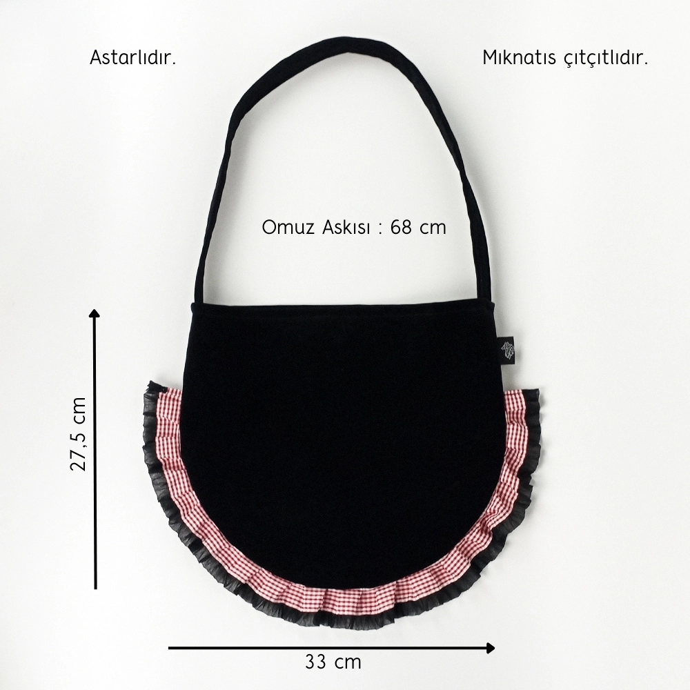 Woodycord%20El%20Yapımı%20Siyah%20Kadife%20Fırfırlı%20Oval%20Omuz%20Çantası