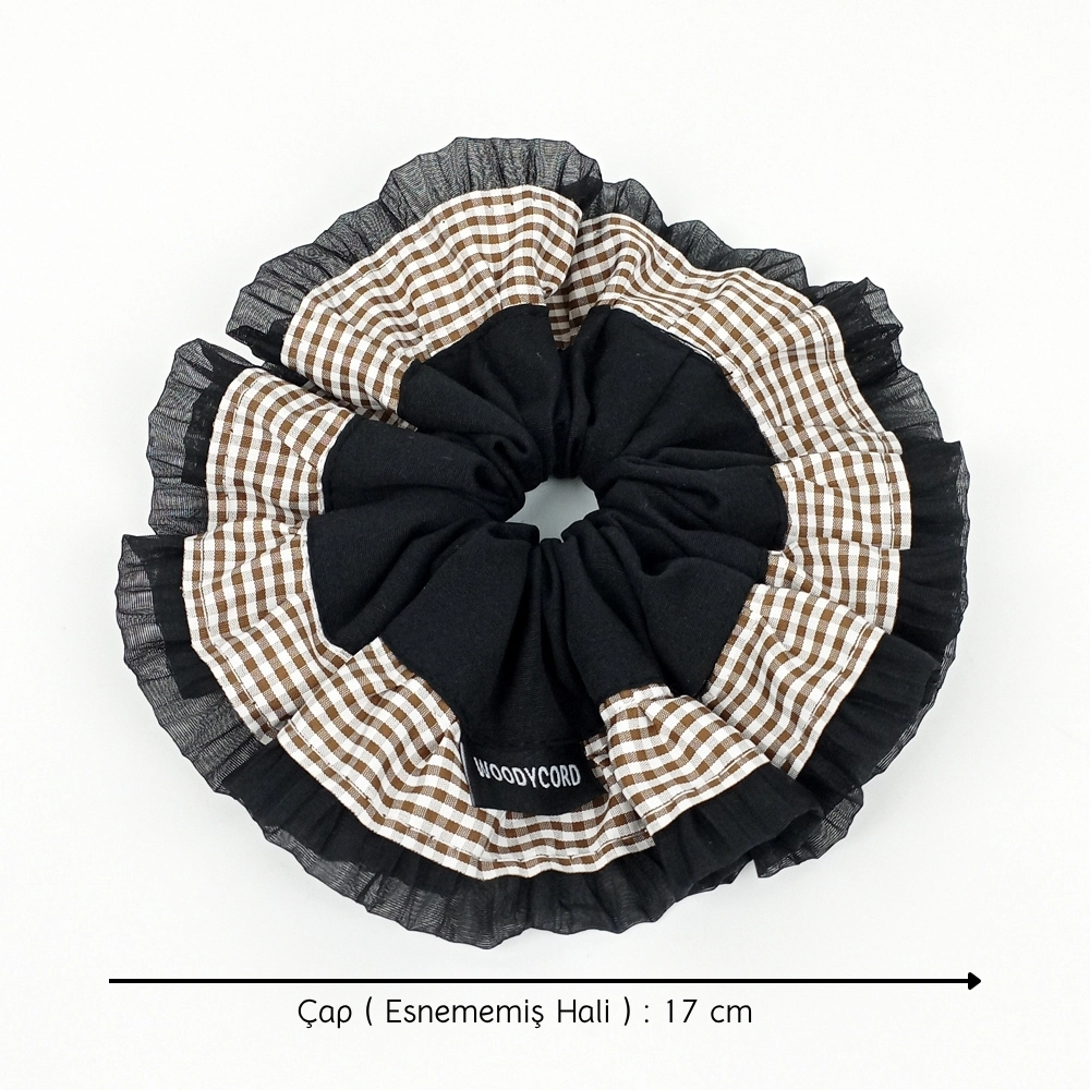 Woodycord%20El%20Yapımı%20Hacimli%20Scrunchie%20Topuz%20Tokası%20%20Ekoseli%20Fırfırlı%20Tasarım