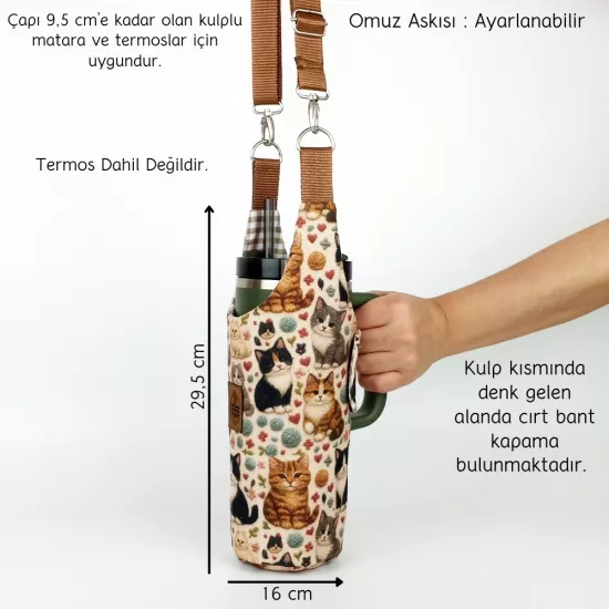 Woodycord El Yapımı 3D Kedi Desenli Matara Termos Kılıfı Kulplu Model Quencher Pipetli 1,18