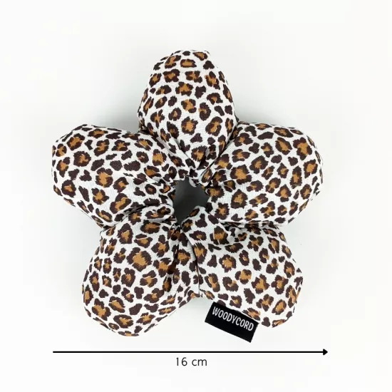 WoodyCord Marka El Yapımı Leopar Çiçek Pofuduk Scrunchie Toka