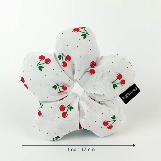 WoodyCord El Yapımı Kiraz Desenli Beyaz Çiçek Scrunchie Topuz Tokası