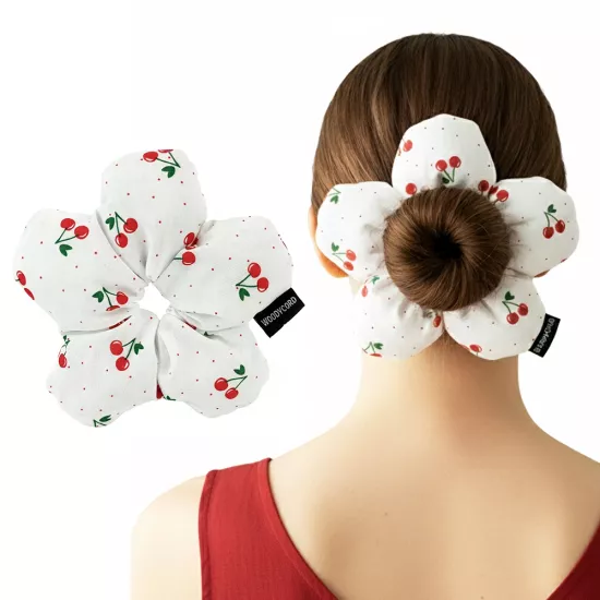 WoodyCord El Yapımı Kiraz Desenli Beyaz Çiçek Scrunchie Topuz Tokası