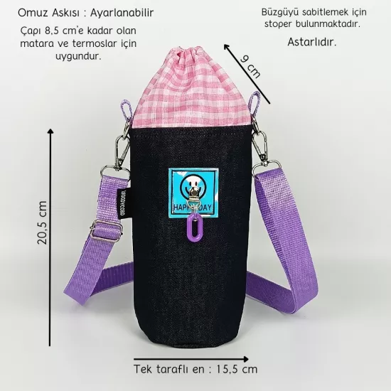 Woodycord El Yapımı Büzgülü Kot Happy Day Matara ve Termos Kılıfı 