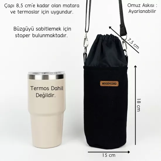 Woodycord El Yapımı Büzgülü Siyah Kot Matara Termos Kılıfı