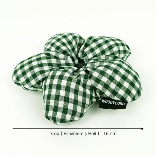 WoodyCord El Yapımı Çam Yeşili - Beyaz Çiçek Pofuduk Scrunchie Toka