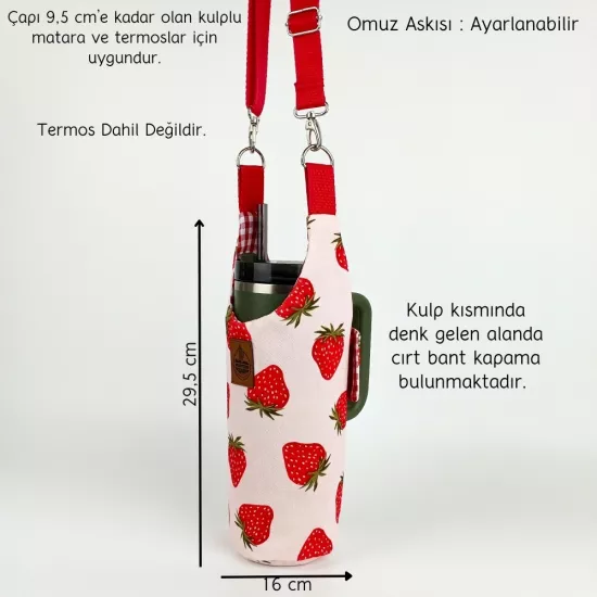 Woodycord El Yapımı Çilek Matara Termos Kılıfı Kulplu Model Quencher Pipetli 1,18