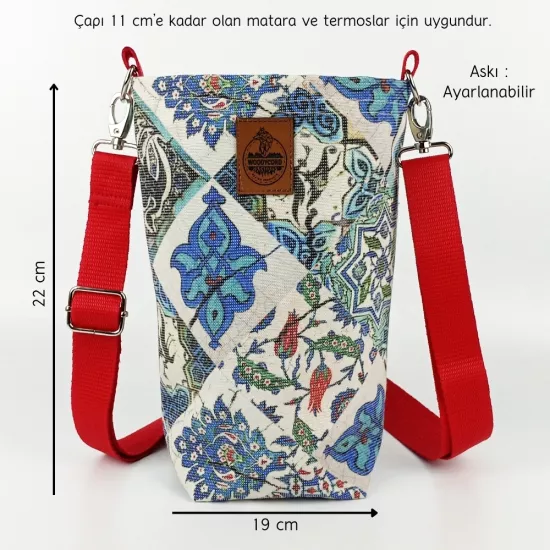 Woodycord 2 Litrelik Çini Desenli Matara Termos Kılıfı - Kırmızı Askılı 