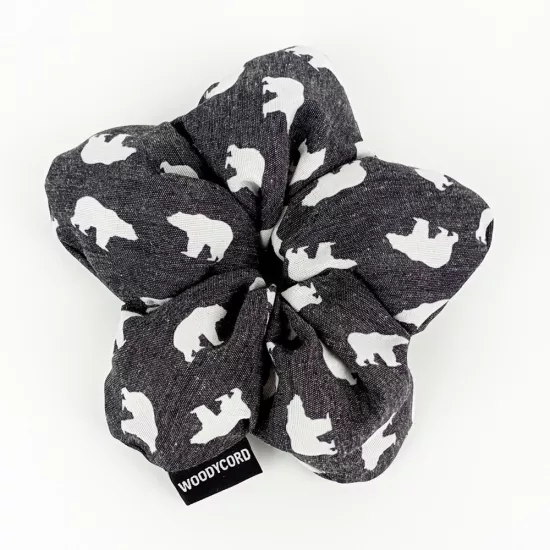 WoodyCord El Yapımı Gri Kutup Ayısı Desenli Pofuduk Scrunchie Toka