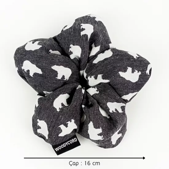 WoodyCord El Yapımı Gri Kutup Ayısı Desenli Pofuduk Scrunchie Toka