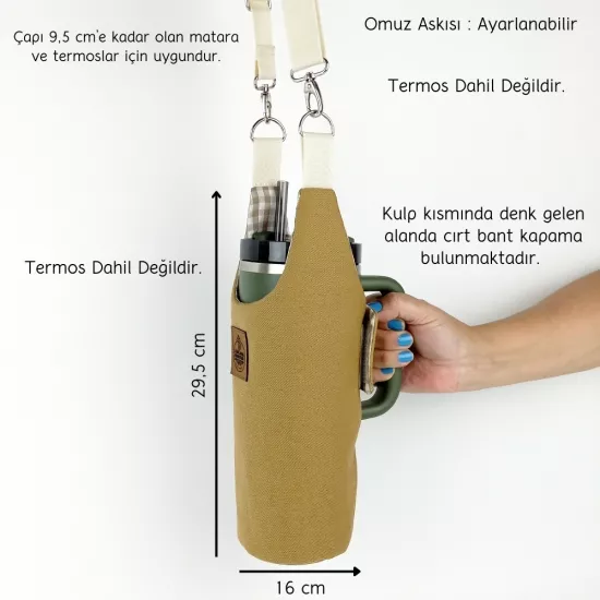 Woodycord El Yapımı Hardal Matara Termos Kılıfı Kulplu Model Quencher Pipetli 1,18