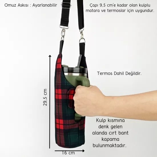 Woodycord El Yapımı İskoç Kareli Kulplu Termos Kılıfı Kulplu Model Quencher Pipetli 1,18