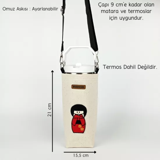 Woodycord 1 Litrelik Japon Kız Kırmızı Kimono Termos Matara Kılıfı 