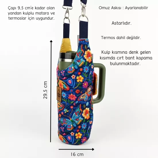 Woodycord El Yapımı Kelebek Çiçek Matara Kılıfı Termos Çantası Kulplu Model Quencher Pipetli 1,18