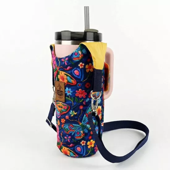 Woodycord El Yapımı Kelebek Çiçek Matara Kılıfı Termos Çantası Kulplu Model Quencher Pipetli 1,18