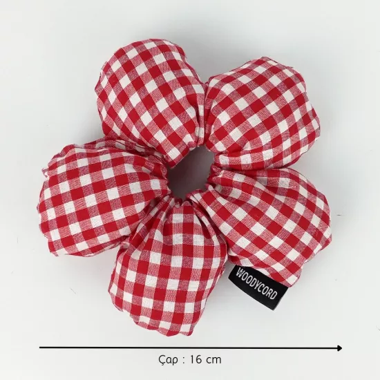 Woodycord El Yapımı Pötikare Desenli Scrunchie Toka - Kırmızı Beyaz