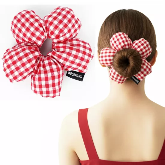 Woodycord El Yapımı Pötikare Desenli Scrunchie Toka - Kırmızı Beyaz