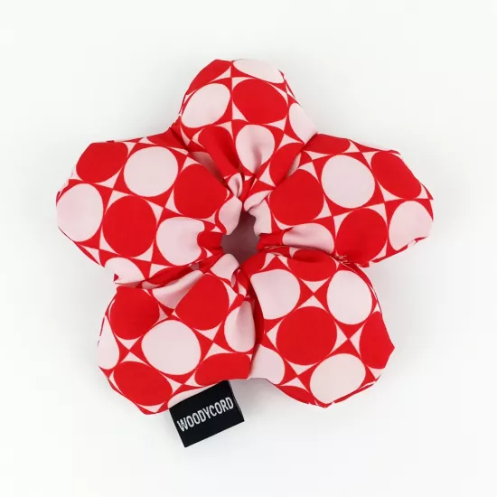 WoodyCord El Yapımı Kırmızı Beyaz Puantiyeli Pofuduk Scrunchie Toka - Eğlenceli ve Hacimli