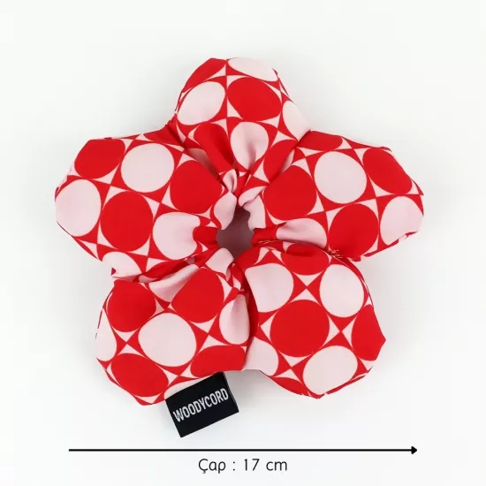 WoodyCord El Yapımı Kırmızı Beyaz Puantiyeli Pofuduk Scrunchie Toka - Eğlenceli ve Hacimli