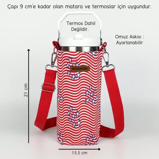 Woodycord 1 Litrelik El Yapımı Çizgili ve Yıldız Desenli Matara Termos Kılıfı