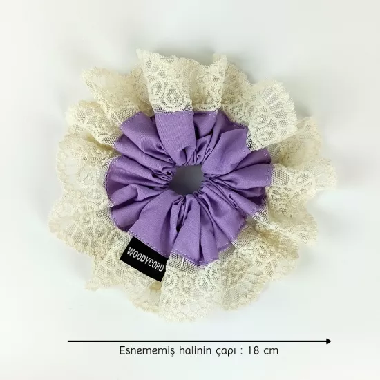 Woodycord El Yapımı Dantelli Lila Scrunchie Toka