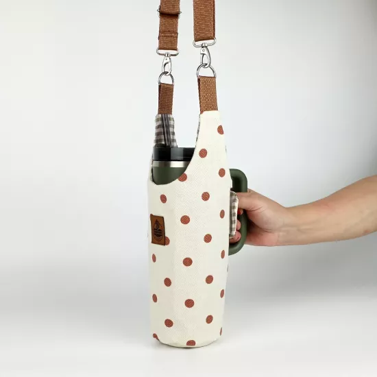Woodycord El Yapımı Krem Gabardin Puantiyeli Termos Kılıfı Kulplu Model Quencher Pipetli 1,18