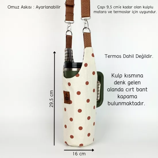 Woodycord El Yapımı Krem Gabardin Puantiyeli Termos Kılıfı Kulplu Model Quencher Pipetli 1,18