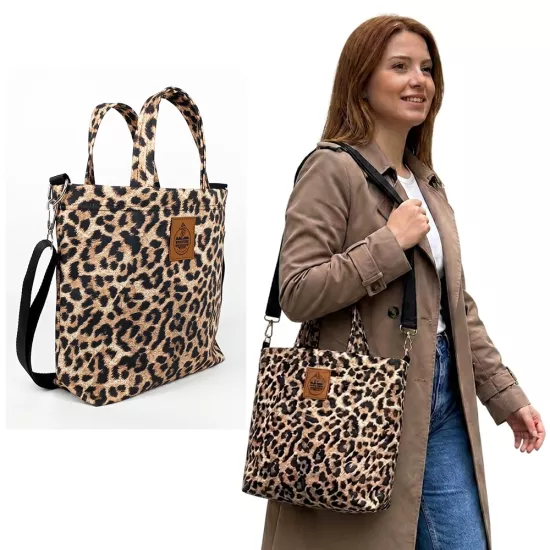 Woodycord El Yapımı Leopar Desenli Gabardin Omuz ve El Çantası