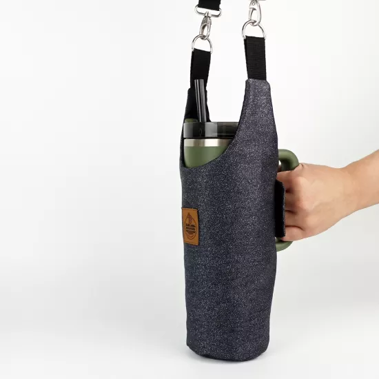 Woodycord El Yapımı Simli Kot Matara Termos Kılıfı Kulplu Model Quencher Pipetli 1,18