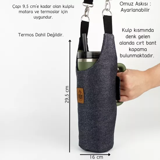 Woodycord El Yapımı Simli Kot Matara Termos Kılıfı Kulplu Model Quencher Pipetli 1,18