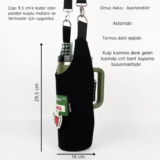 Woodycord El Yapımı Gabardin Matara Kılıfı Termos Çantası Kulplu Model Quencher Pipetli 1,18