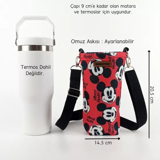  Woodycord 1 Litrelik Matara Kılıfı Su Şişesi Taşıma Çantası Water Bottle Bag Mickey Mause