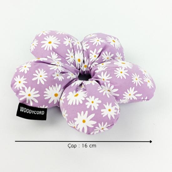 WoodyCord El Yapımı Papatya Desenli Pofuduk Scrunchie Toka - Lila