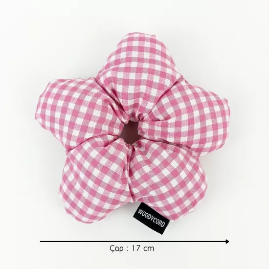 WoodyCord El Yapımı Pembe Beyaz Pötikareli Çiçek Scrunchie Topuz Tokası