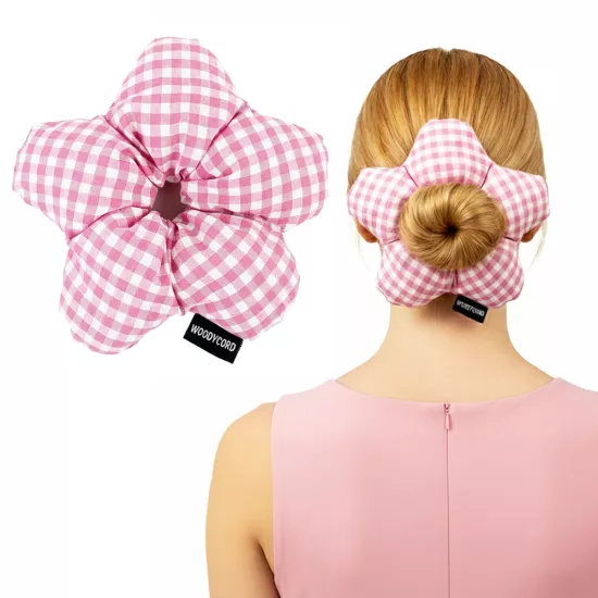 WoodyCord El Yapımı Pembe Beyaz Pötikareli Çiçek Scrunchie Topuz Tokası