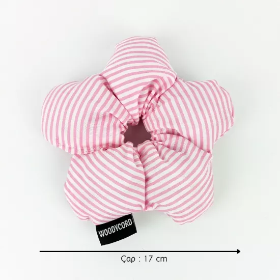 WoodyCord El Yapımı Çiçek Model Pofuduk Scrunchie Toka - Pembe Beyaz Çizgili