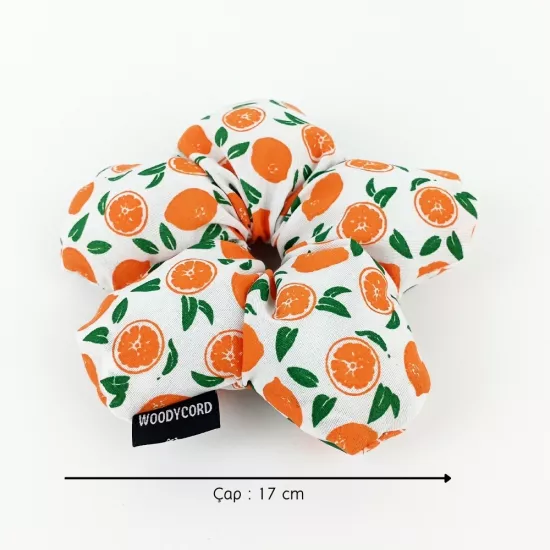 WoodyCord El Yapımı Portakal Desenli Beyaz Çiçek Scrunchie Topuz Tokası