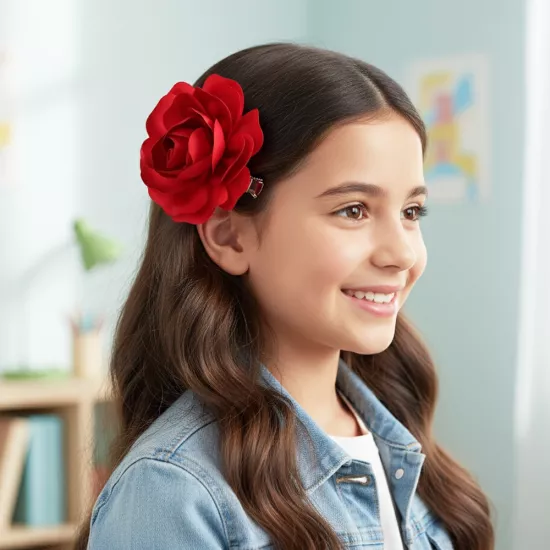 Woodycord Çocuk Kırmızı Saten Gül Klips Toka 