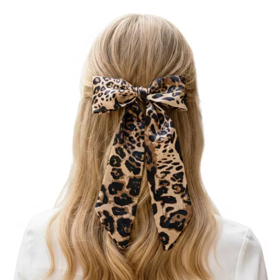 Woodycord Saten Leopar Desenli Kuyruklu Fiyonk Otomatik Toka