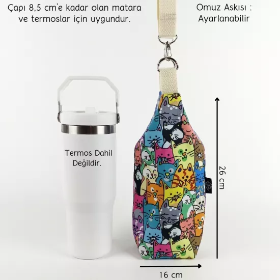 Woodycord 1 Litrelik El Yapımı U Model Kedi Desen Matara Kılıfı
