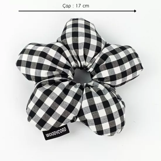 Woodycord El Yapımı Pötikare Desenli Scrunchies Toka - Siyah Beyaz