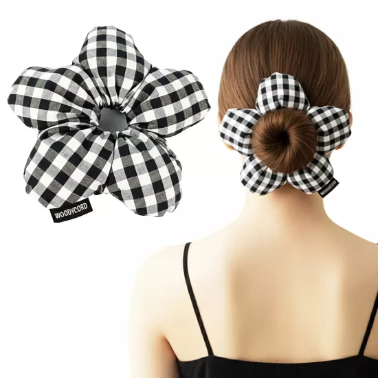 Woodycord El Yapımı Pötikare Desenli Scrunchies Toka - Siyah Beyaz
