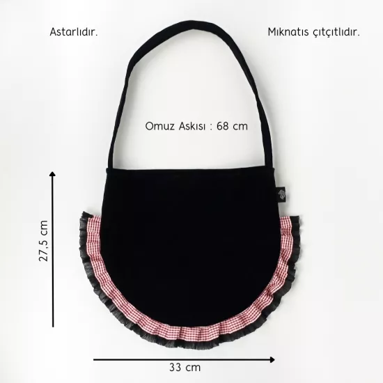 Woodycord El Yapımı Siyah Kadife Fırfırlı Oval Omuz Çantası